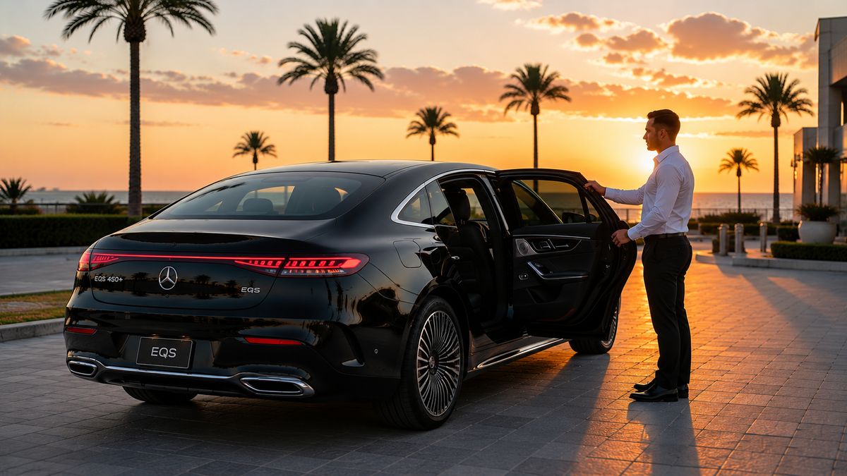 Chauffeur opening the rear door of a black Mercedes-Benz EQS at sunset