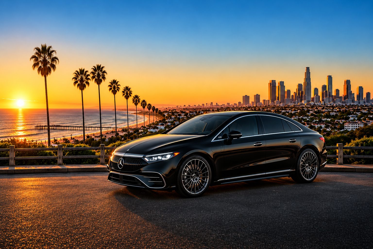 Black Mercedes-Benz EQS parked above the coast at sunset